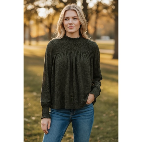 Anthropologie Tops - Deletta ANTHROPOLOGIE Olive Green Lace Long Sleeve Mock Neck Top
